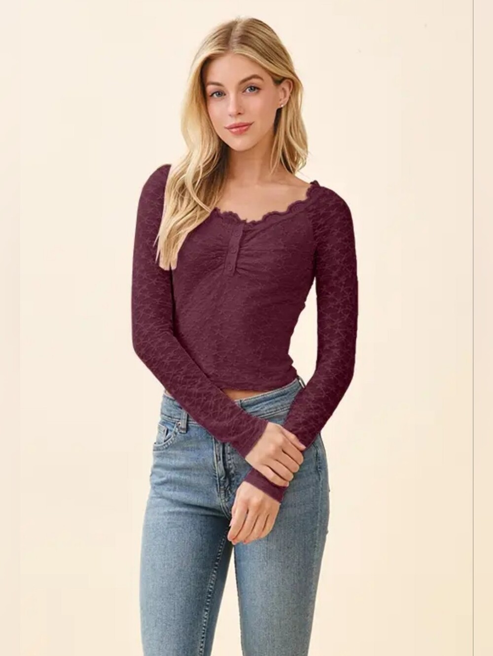 Heart & Hips Lace-Trim Henley Long Sleeve Top - Plum